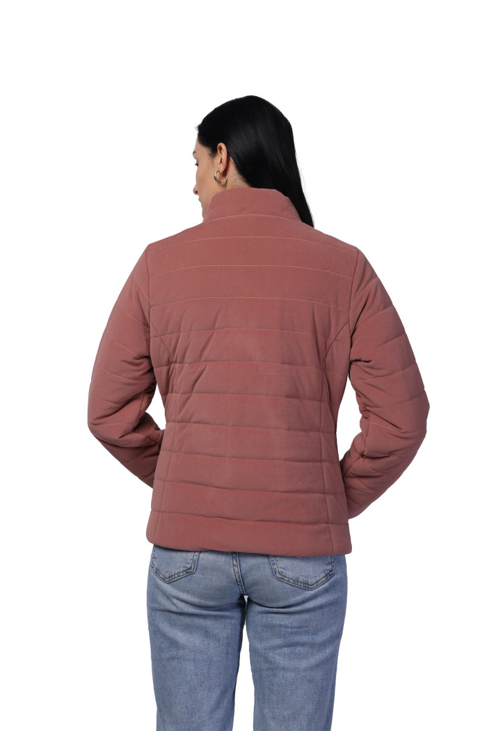A model showcasing Women Quilted Jacket In Velvet Fabric With Concealed Zipper Pocket thumbnail.